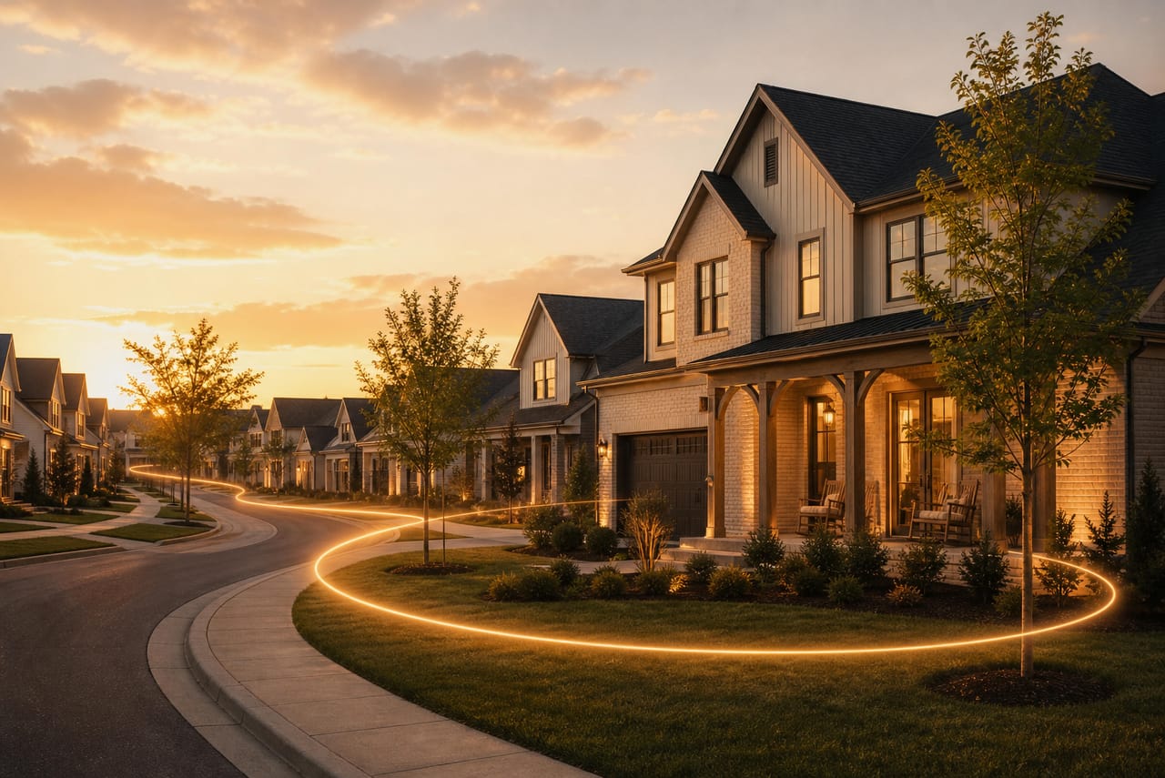 A new-home neighborhood at golden hour with a brass thread of light tracing the path